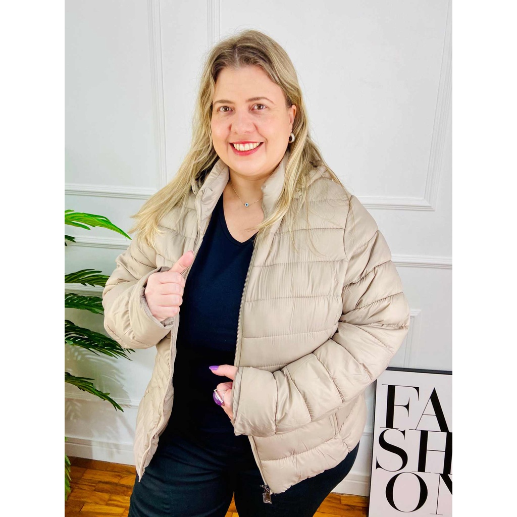Jaqueta Feminina Forrada Puffer Com Touca Removível Plus Size