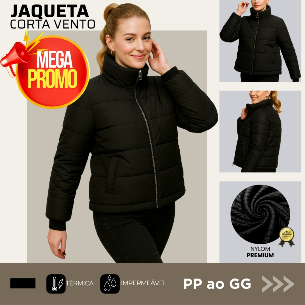 Jaqueta Puffer Feminina Zíper Reforçado Bolso Peluciado Impermeável Nylon Premium Preto PP