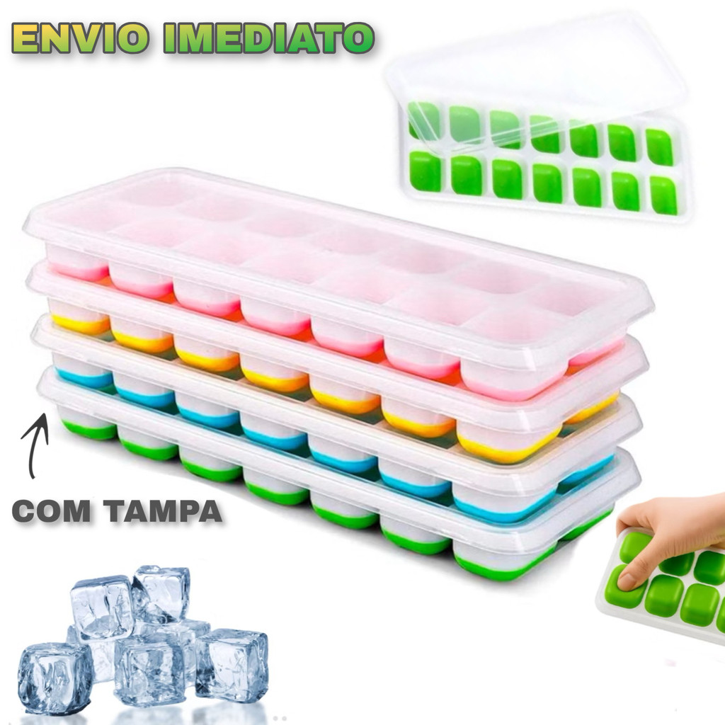 Forma de Gelo Fundo Silicone com Tampa Colorida Retangular Cubo Alimento Papinha Introdução Alimentar Bebê