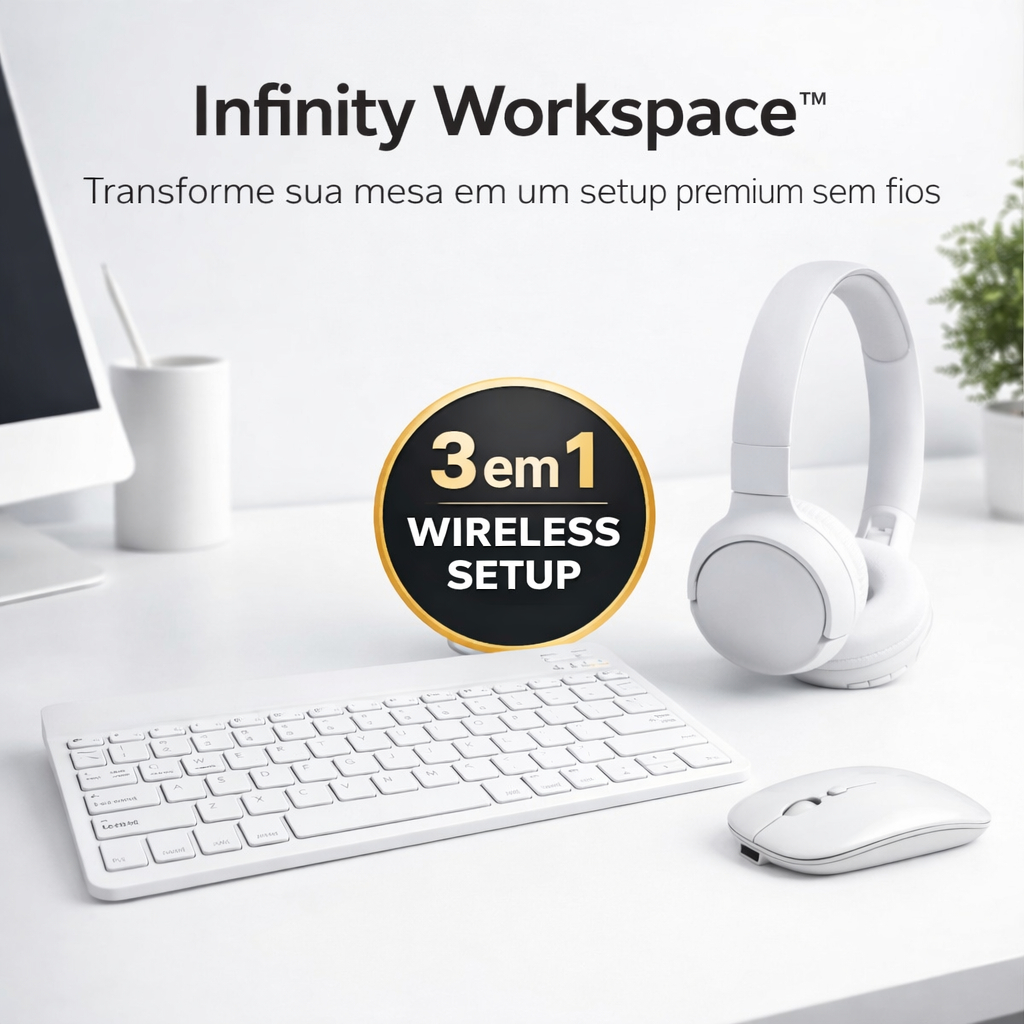 Kit Infinity Workspace™ Pro 3 em 1 Fone Bluetooth + Teclado e Mouse Sem Fio Wireles Setup Completo