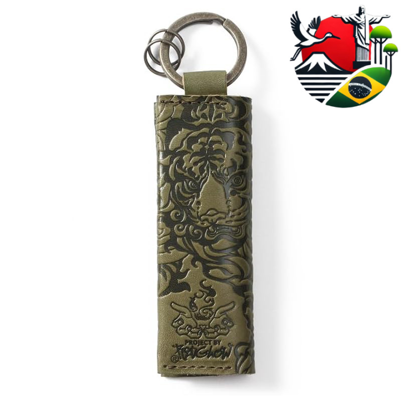 RED GLOW Handmade Tochigi Leather Key Case & Coin Pouch with Key Ring, Tiger Pattern Men’s Mini Wallet, Made in Japan, G