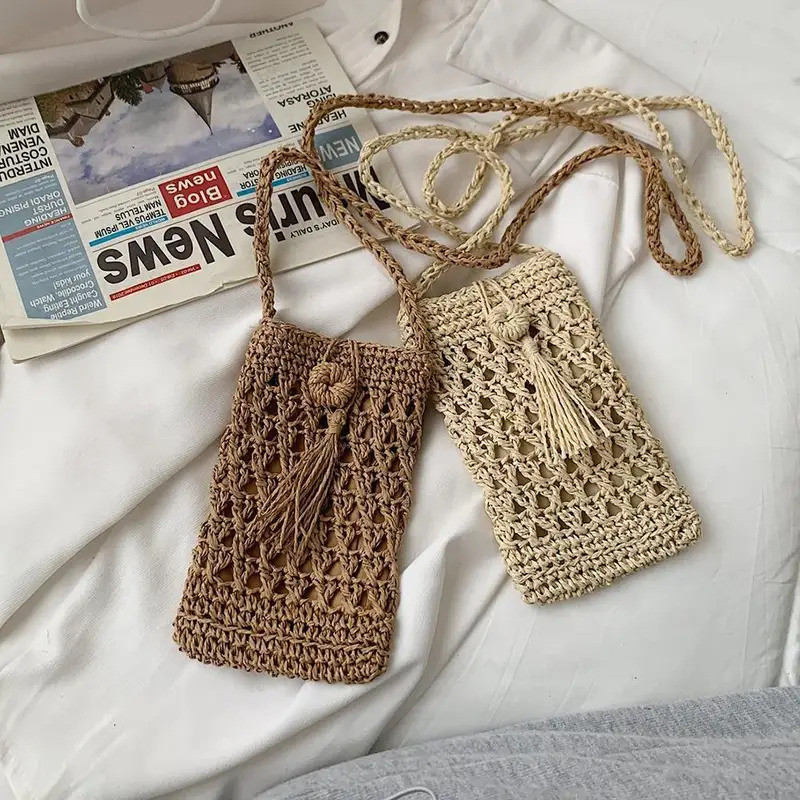 Female Vintage Crossbody Phone Bag Straw Rope Hand-woven Vacation Mini Purse Women Casual Mobile Phone Pouch Streetwear