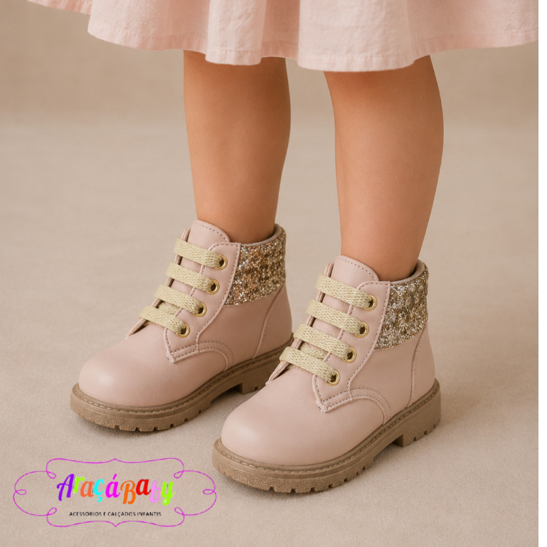 Coturno botinha com cadarço feminino infantil com cano médio