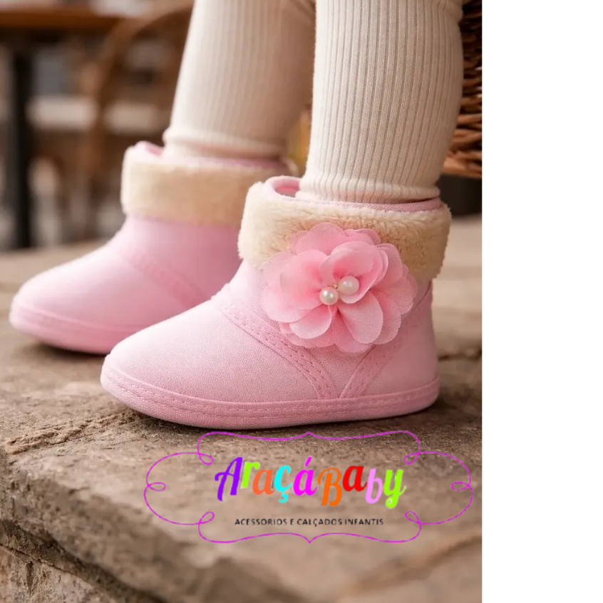 Botinha Bebê Menina Araçá Baby Linha Princesa Pelúcia com Flor Confortável Macia  Promoção