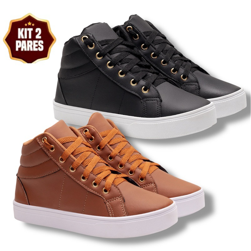 Kit 2 Pares Botinha Casual Feminina Bota Tenis Cano Alto Medio Academia Promoção Envio Imediato