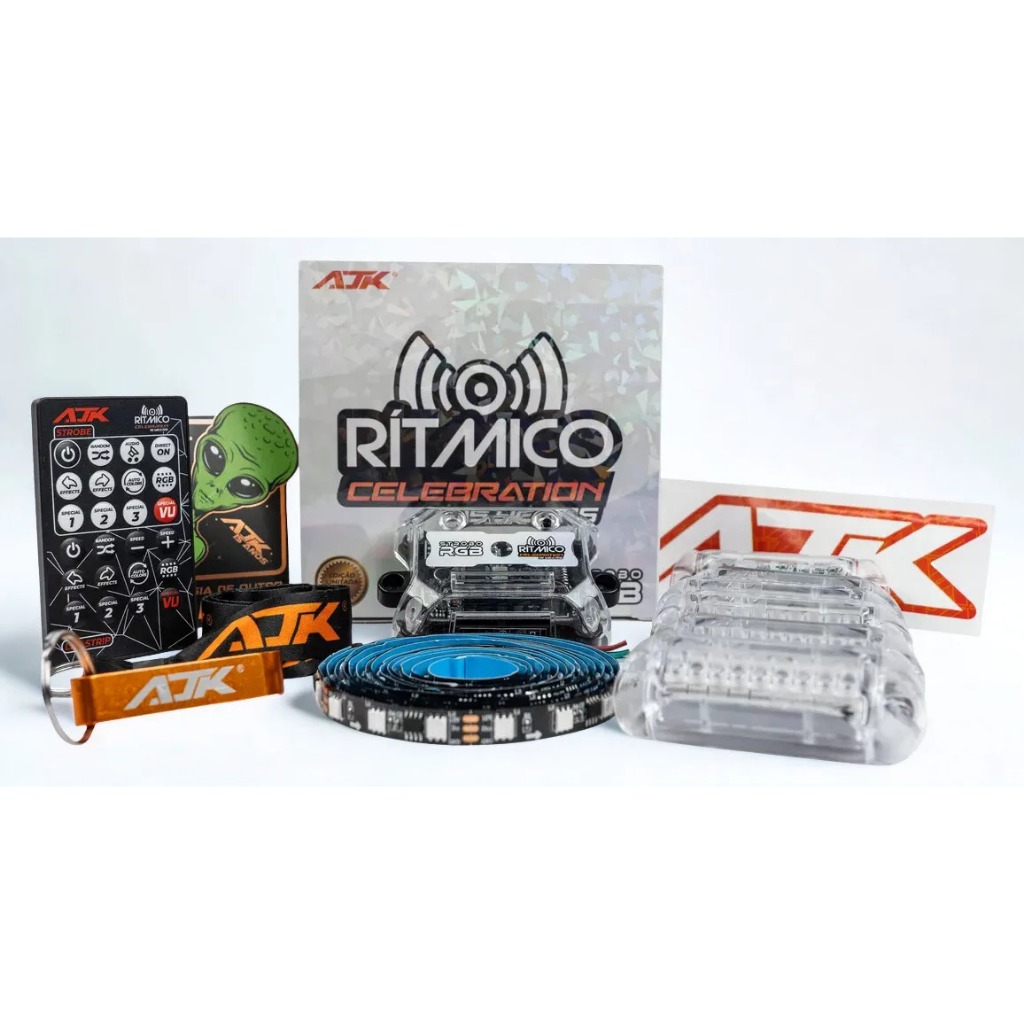 Kit luzes Rítmico Celebration AJK Strobo 6 Faróis Fita de Led de 2,5 M Efeitos RGB Som Automotivo