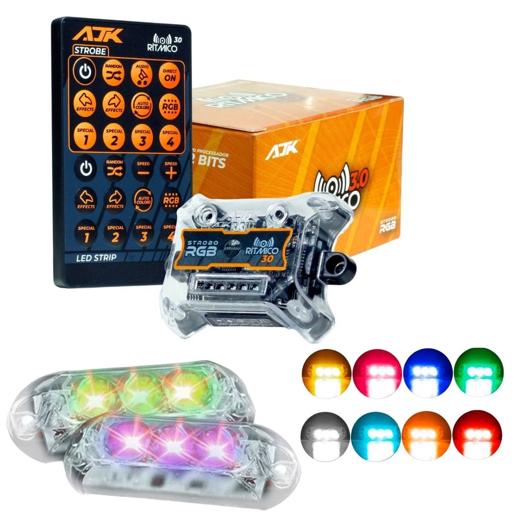 Kit Estrobo AJK RGB Rítmico 3.0 + 2 Faróis 6W