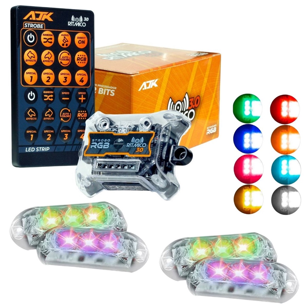 Kit Strobo RGB AJK Rítmico 3.0 + 4 Faróis 6W