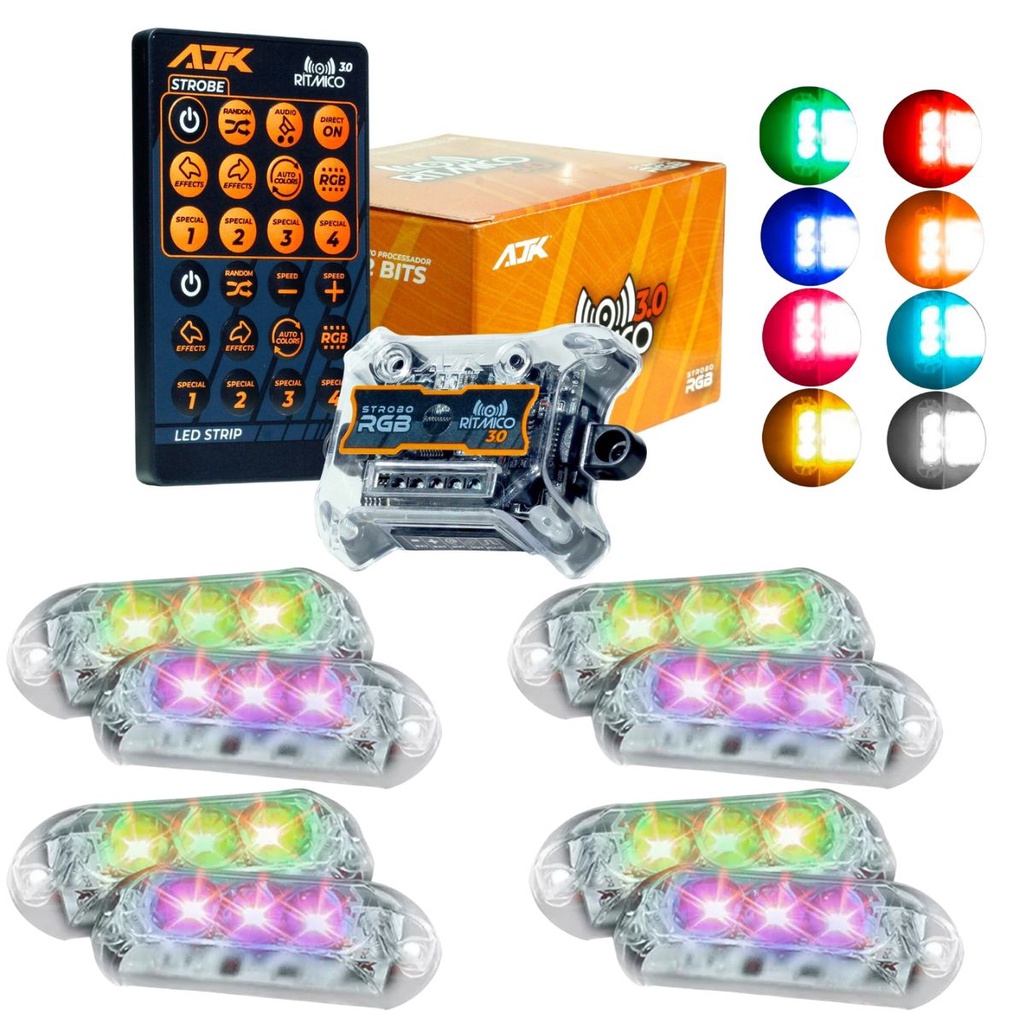 Kit Strobo RGB AJK Rítmico 3.0 + 8 Faróis 6W