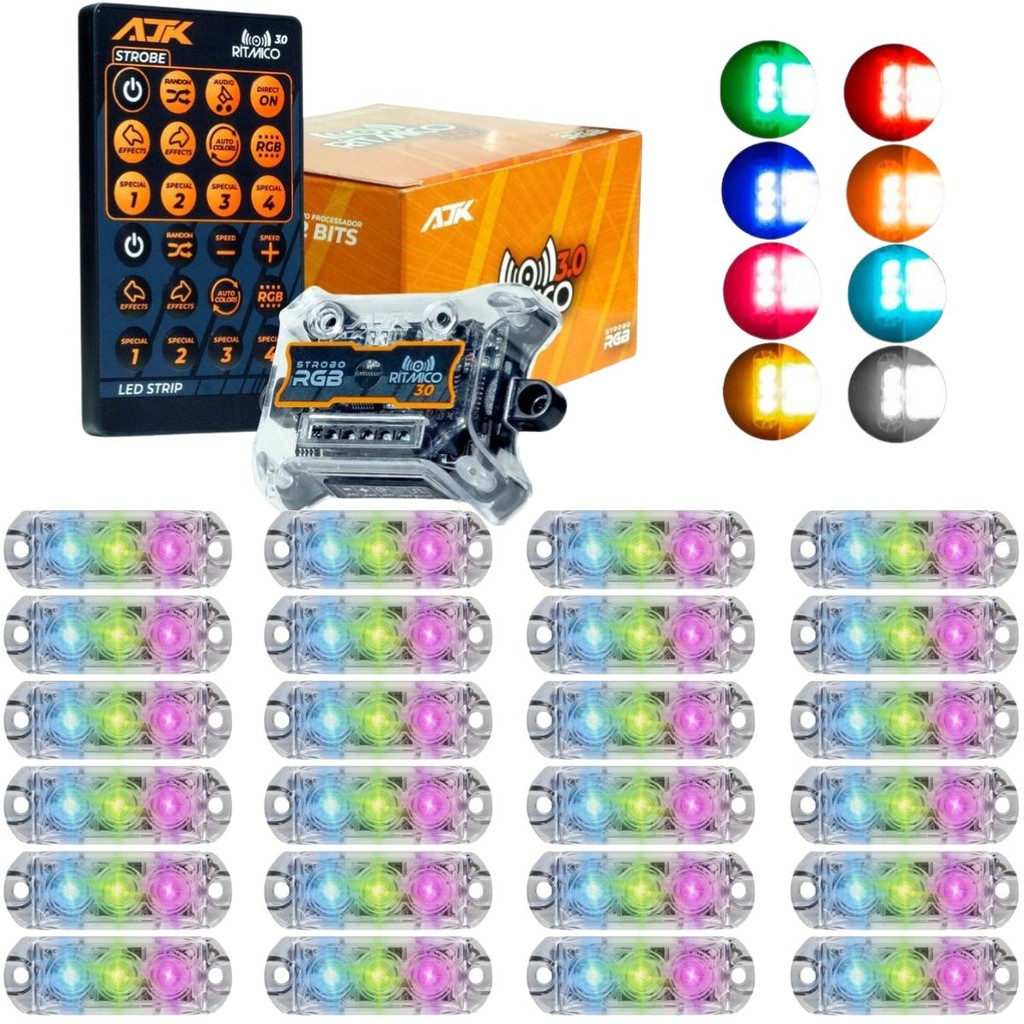 Kit Strobo Ajk Rgb Rítmico 3.0 + 24 Faróis 6w Colorido