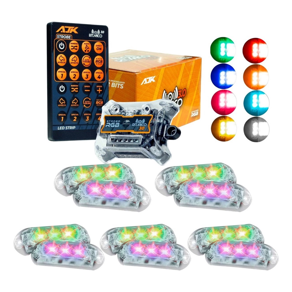 Estrobo AJK RGB Rítmico 3.0 + 12 Faróis 6W