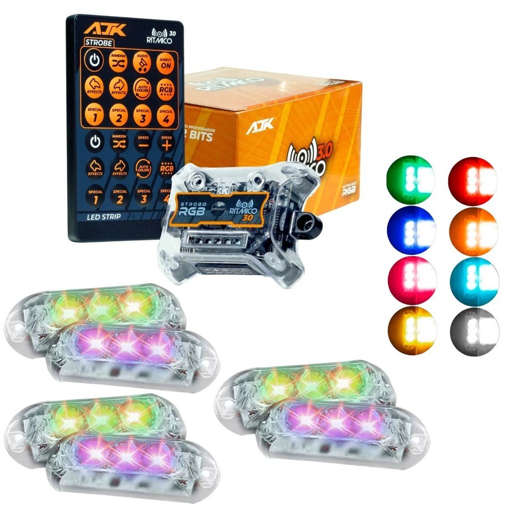 Kit Strobo AJK RGB Rítmico 3.0 + 6 Faróis 6W