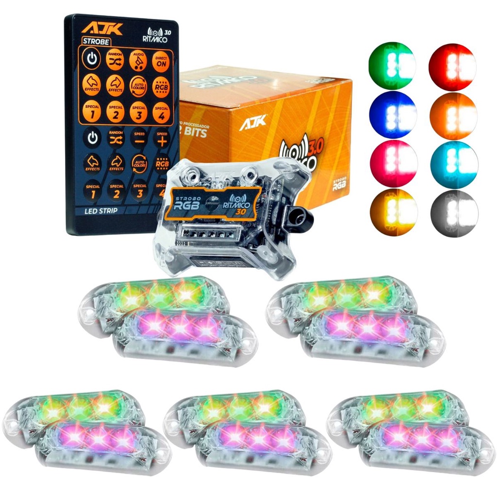 Kit Estrobo AJK RGB Rítmico 3.0 + 12 Farol 6W
