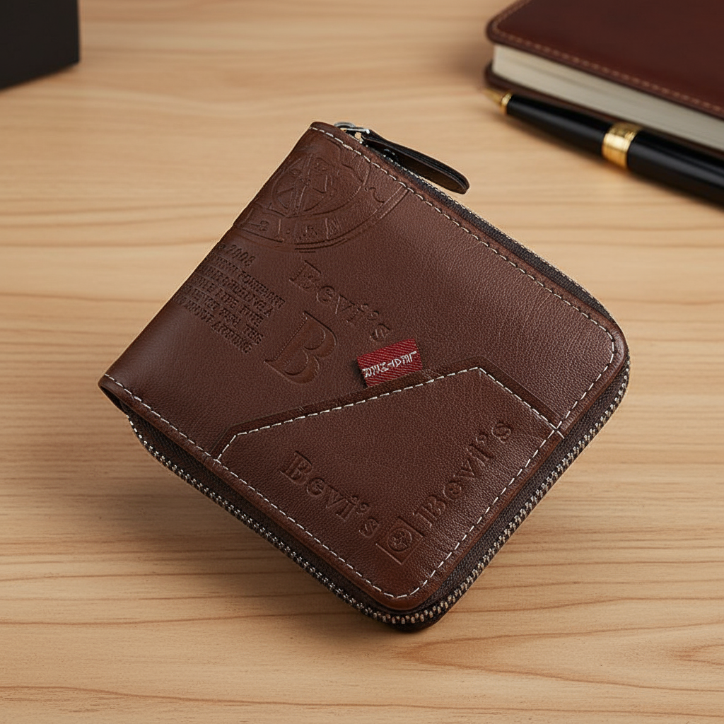 Carteira masculina com zíper – ampla, estilo europeu-americano com design elegante de emenda.