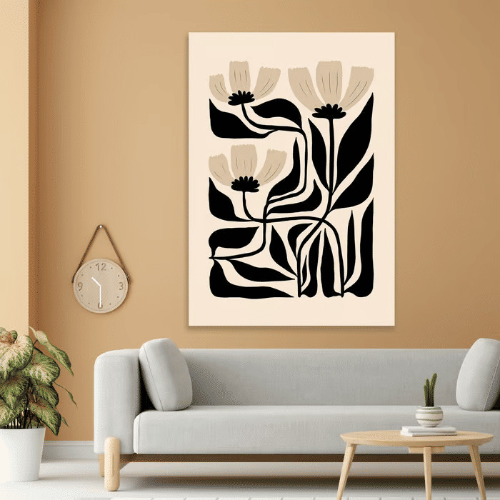 Quadro Decorativo Flores Abstratas Bege e Preto 60x90 Tela Canvas Grande Pronto Para Pendurar Sala