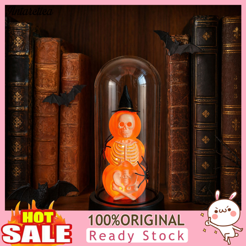 Light Dome Halloween Skeleton Cloche Battery Operated Skull Lamp with Witch Hat Warm Glow Tabletop Decor for Home Party