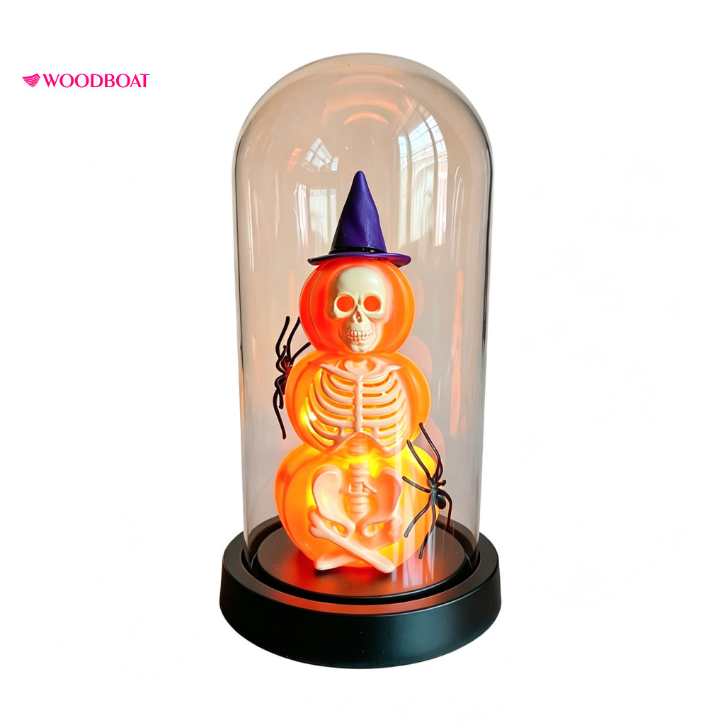 Indoor Halloween Decor Skeleton Dome Cloche Battery Operated Skull Lamp with Witch Hat Warm Glow Tabletop for Home Party