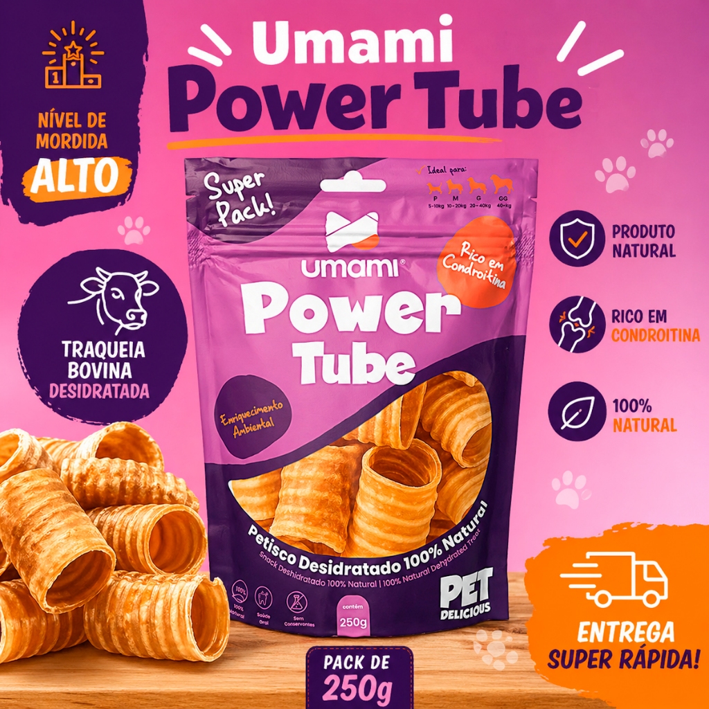 Petisco Umami Power Tube Mordedor Snack Pack de Traqueia Bovina Premium - 250gr