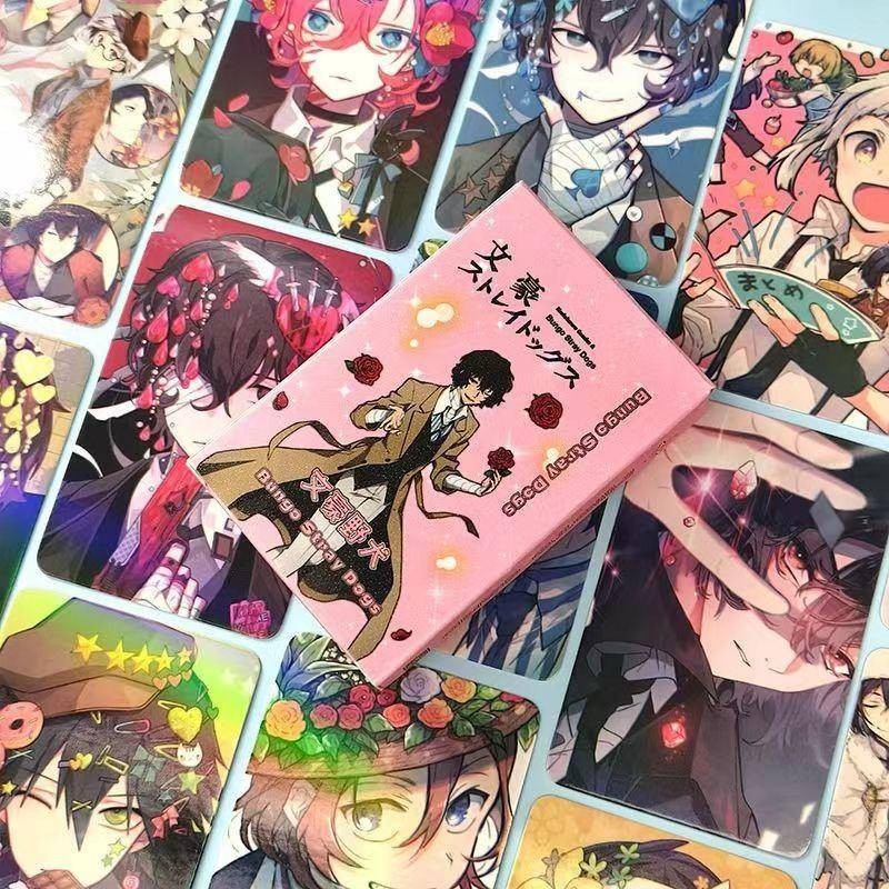 50Pcs/Pack Bungou Stray Dogs Cartão Laser Dazai Osamu Nakahara Chuuya Edogawa Ranpo Akutagawa Ryuunosuke De Impressão Dupla Face LOMO Cartões Anime Brinquedos