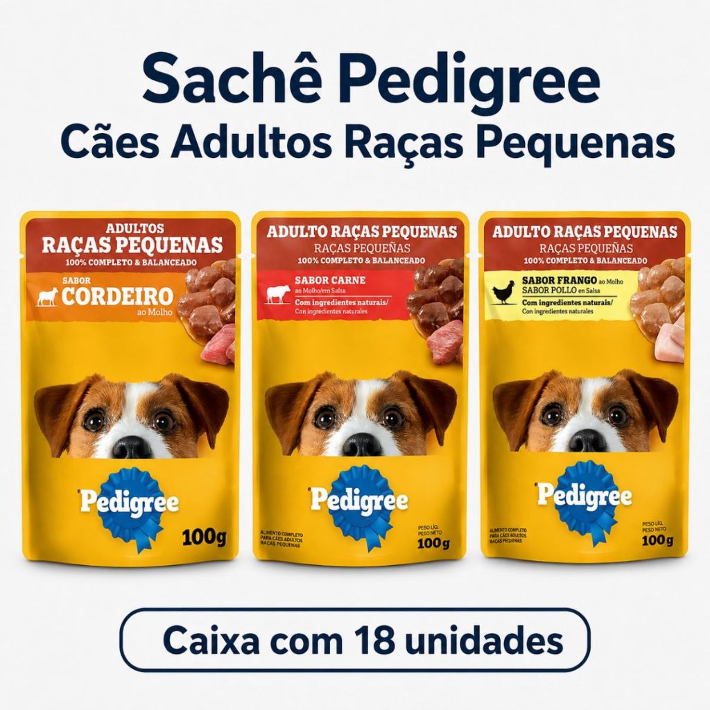 Pack Ração Úmida Pedigree Para Cães Adultos Raças Pequenas Sachês Carne 100g - Caixa Com 18 Unidades