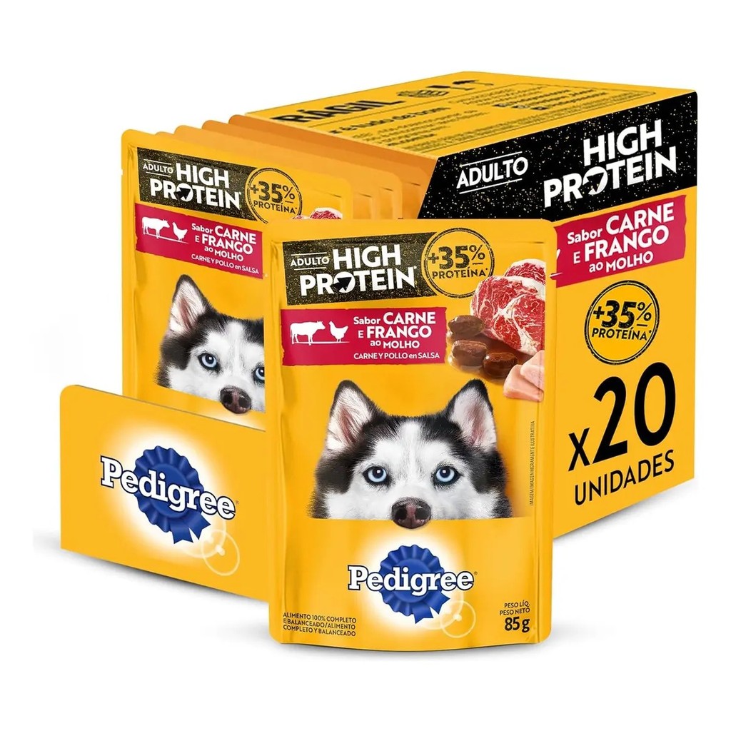 Pack Ração Úmida Pedigree High Protein Cães Adultos Sachês Carne e Frango 85g -  CX 20 unidades