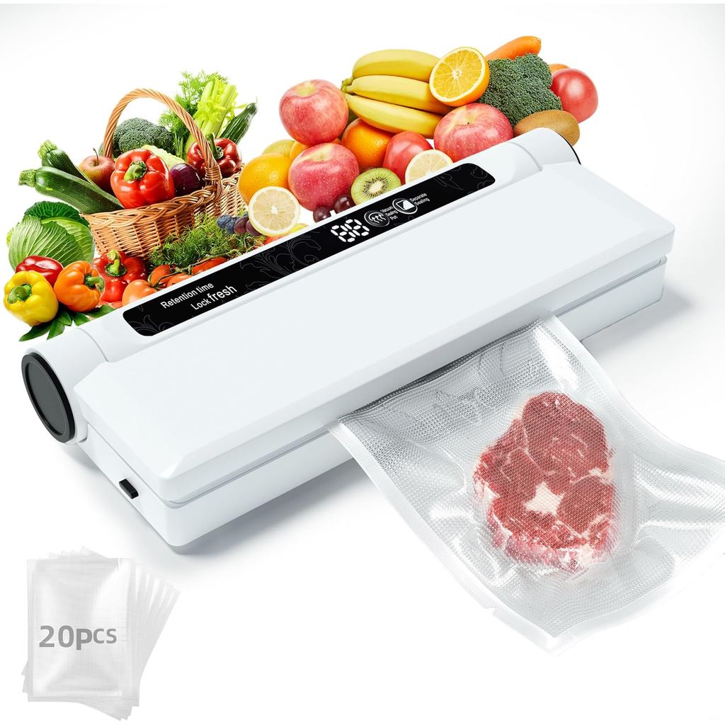 Seladora a Vácuo Compacta para Alimentos, Máquina Seladora de Alimentos 75Kpa |   Sucção forte de 75 Kpa, display LED, u