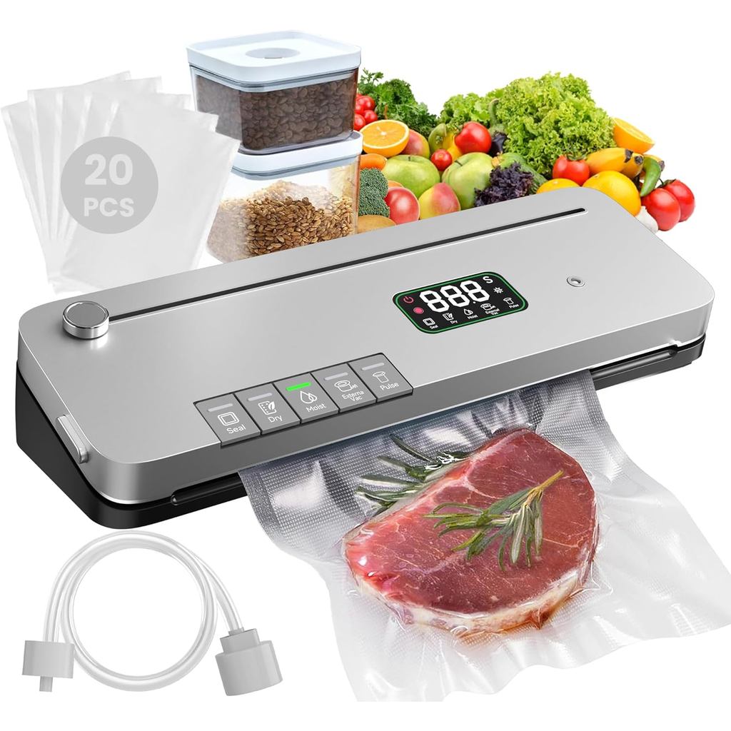Máquina Seladora a Vácuo para Alimentos 75kPa, Cortador Integrado, Função de Pulso, Temporizador Digital, Modos Seco/Úmi