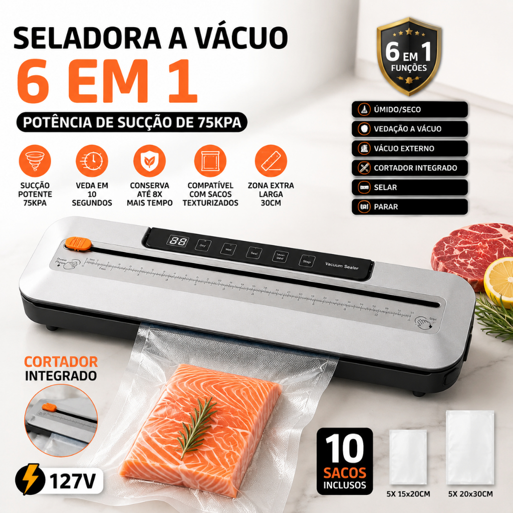 Seladora a Vácuo 6 em 1 75KPa 127V com Cortador Integrado Máquina de Embalar Alimentos + 10 Sacos