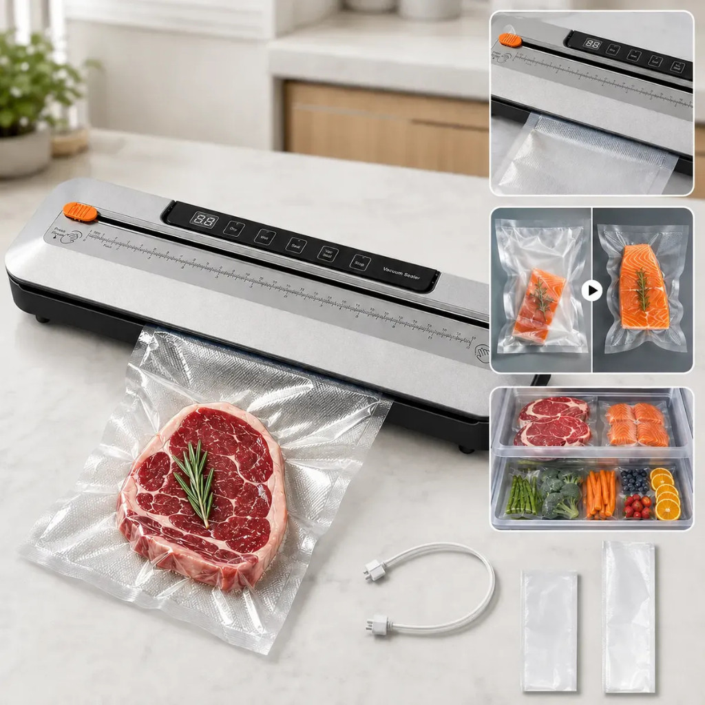 Seladora a Vácuo 75KPa 127V com Cortador Integrado Máquina de Embalar Alimentos + 10 Sacos  6 em 1