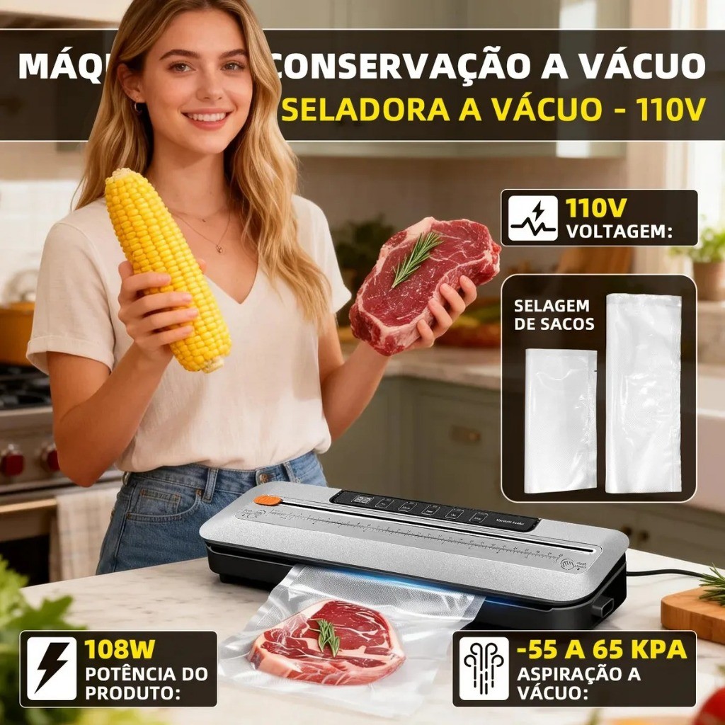Seladora A Vácuo 6 Em 1 75kpa Com Cortador E 10 Sacos 110v/127v