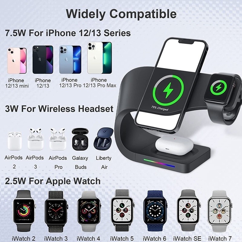 Base Carregadora 3 em 1 Magnética - iPhone 12/13/14 Pro Max e AirPods (Carregamento Rápido)