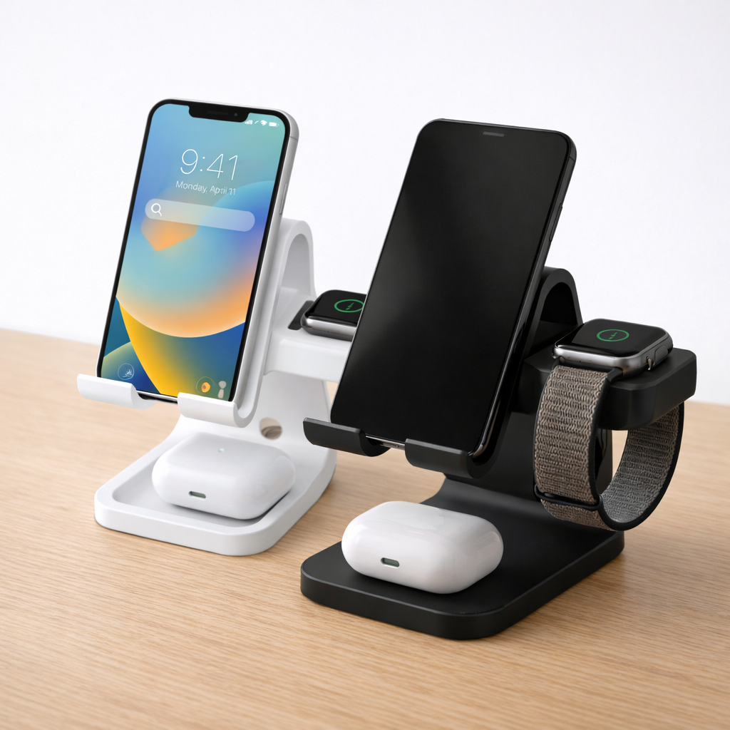 Organizador de Mesa com Passagem de Cabos - Suporte de Carregamento 3 em 1 para iPhone, Apple Watch e AirPods