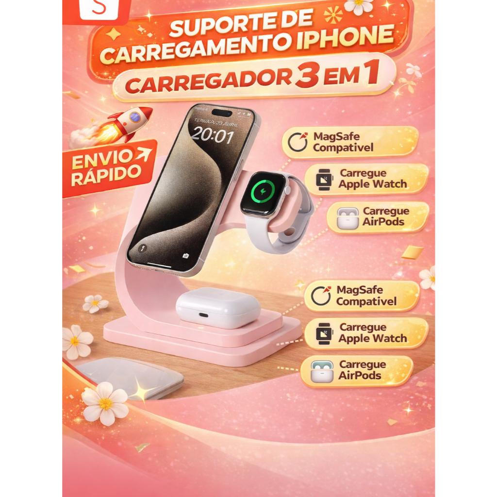Suporte Carregador 3 em 1 MagSafe para iPhone Apple Watch AirPods Dock Base Mesa
