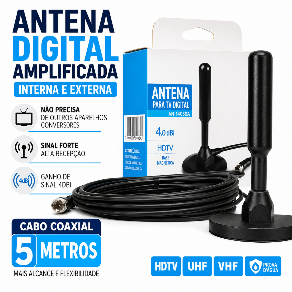 Antena Digital Amplificada Interna e Externa 5 Metros Base Imã Prova d'água 4DBI HDTV/UHF/VHF - hmaston Original