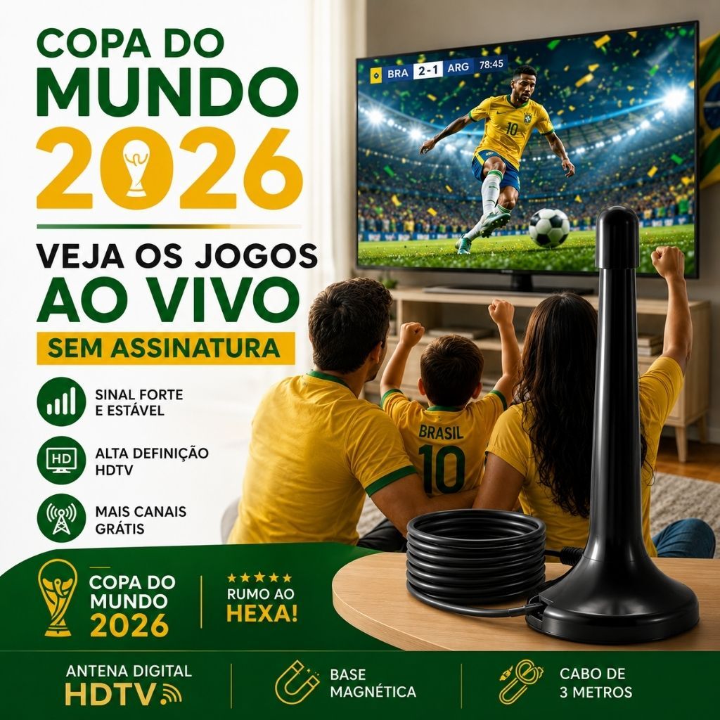 Antena TV Digital Interna UHF VHF HDTV Cabo 3 Metros Base Magnética