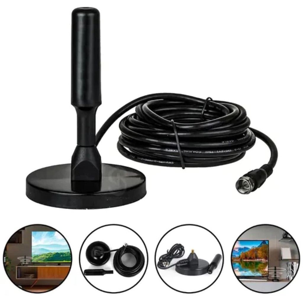 ntena Digital Amplificada Interna e Externa 5 Metros Base Imã Prova d'água 4DBI HDTV/UHF/VHF