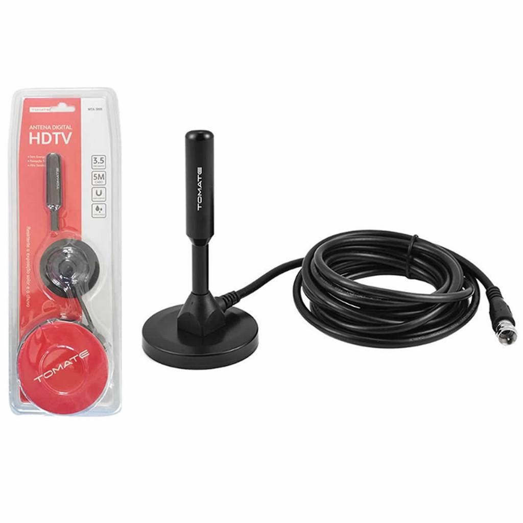 Antena Tv Digital Interna Base com Ima Hdtv Uhf Cabo 5 Metros Tomate MTA-3005 Canais Televisão Sintonizar