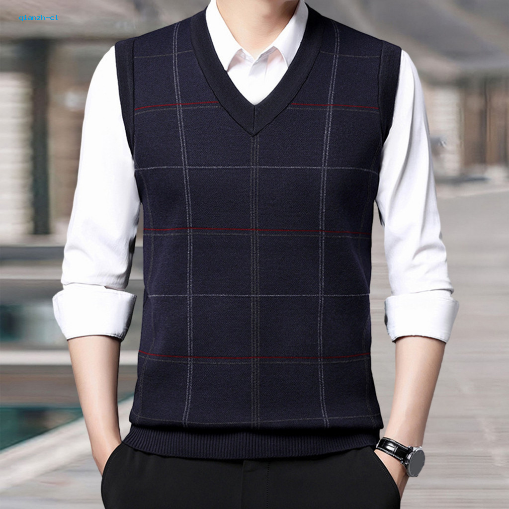 Men Sleeveless Sweater Vest Knitted Men's Fall Spring Loose Pullover with V Neck Plaid Print Soft Warm Elastic Fabric fo
