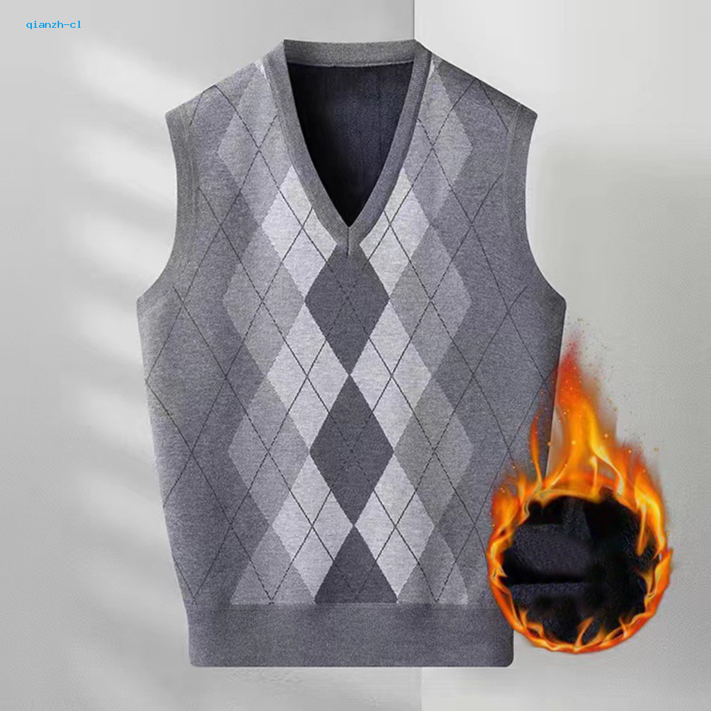 Men Sweater Vest Men's Fall Winter V Neck Knitted Rhombus Print Sleeveless Pullover Thick Warm Mid-length for Spring Loo