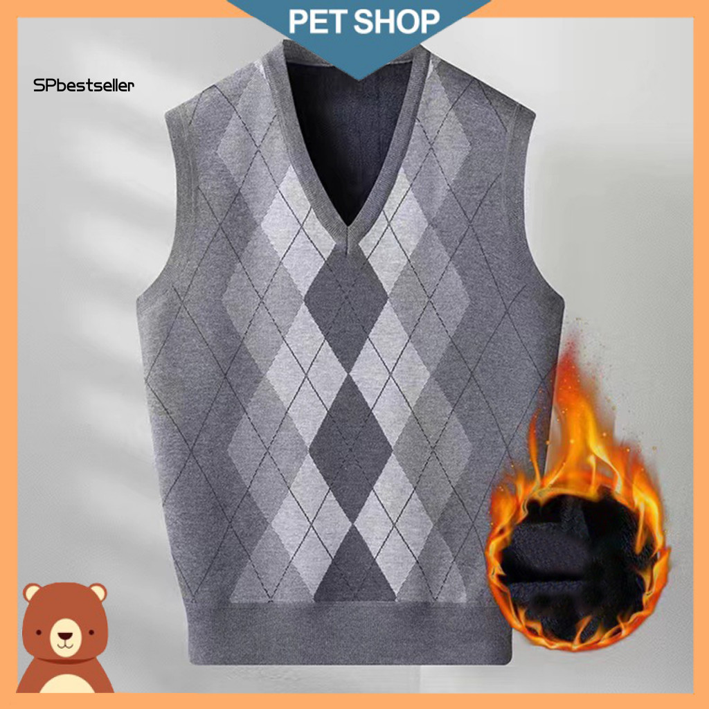 Men Sweater Vest Sleeveless Men's Fall Winter V Neck Knitted Rhombus Print Pullover Thick Warm Mid-length for Spring Loo