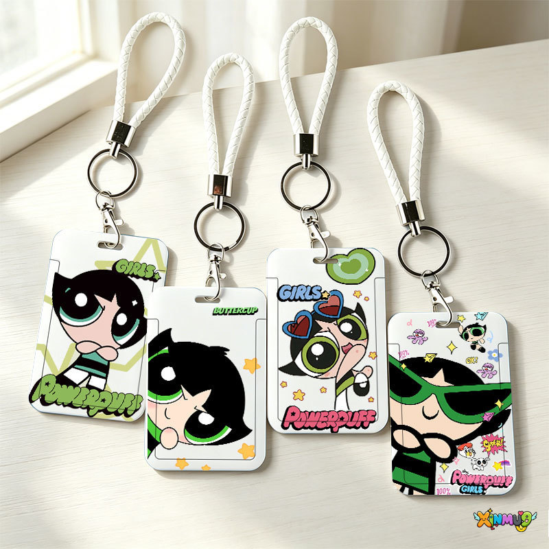 Porta-cartão Power Girls Cartoon, chaveiro PU alça anti-perda para RG, crachá, cartões de transporte e escolar
