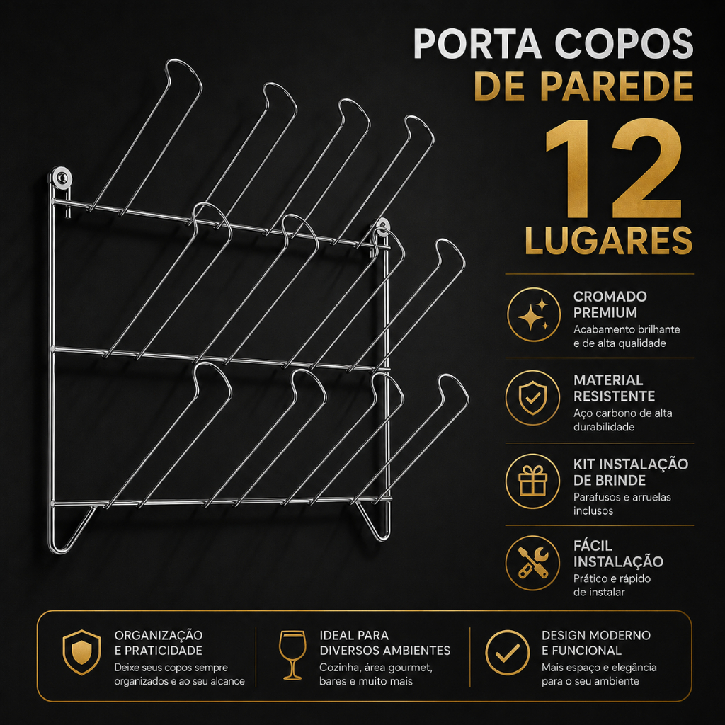 Porta Copos de Parede 12 Copos Cromado Resistente Águia Suporte Escorredor e Organizador de Cozinha Bar Restaurante
