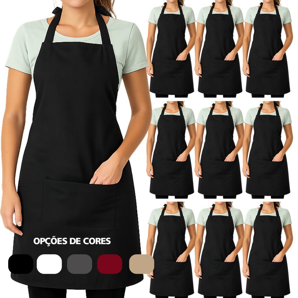Kit 10 Avental de Amarrar Bolso Cozinha Garçom Confeitaria Bares Preto Cinza Bege Branco Vermelho Oxford