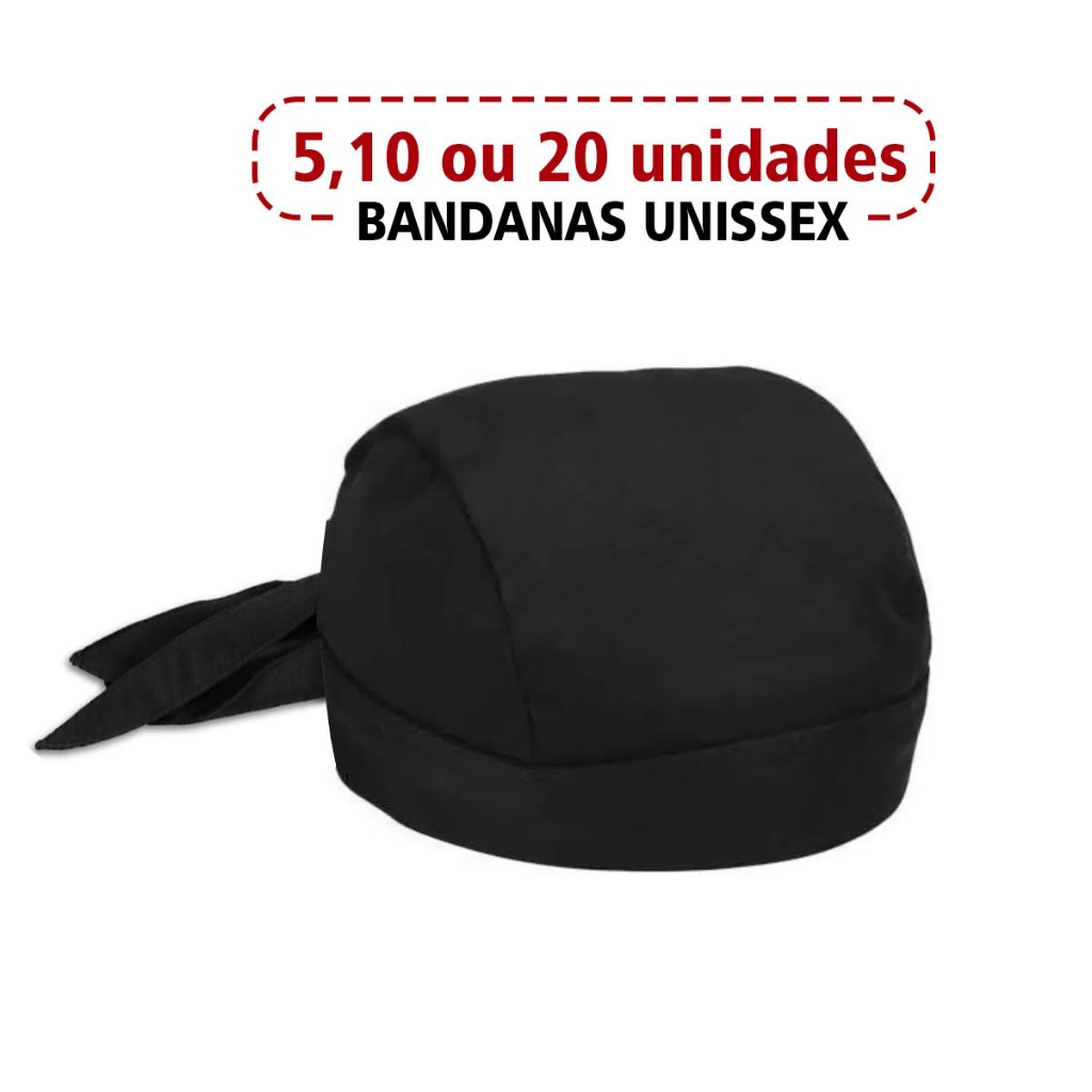 Bandana Preta Unissex Touca Cheff Cozinha Garçom Pizzaria Bar Atendimento Oxford Kit com 5/10/20 Un.