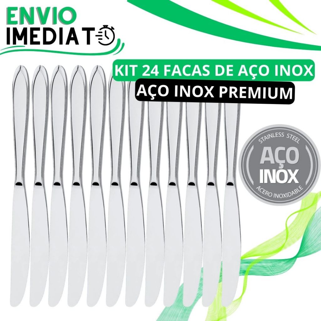 KIT 24 Faca de Mesa Aço Inox Polido Brilhante PREMIUM para Casa Cozinha Restaurante Bar Buffet Super Resistente Serra