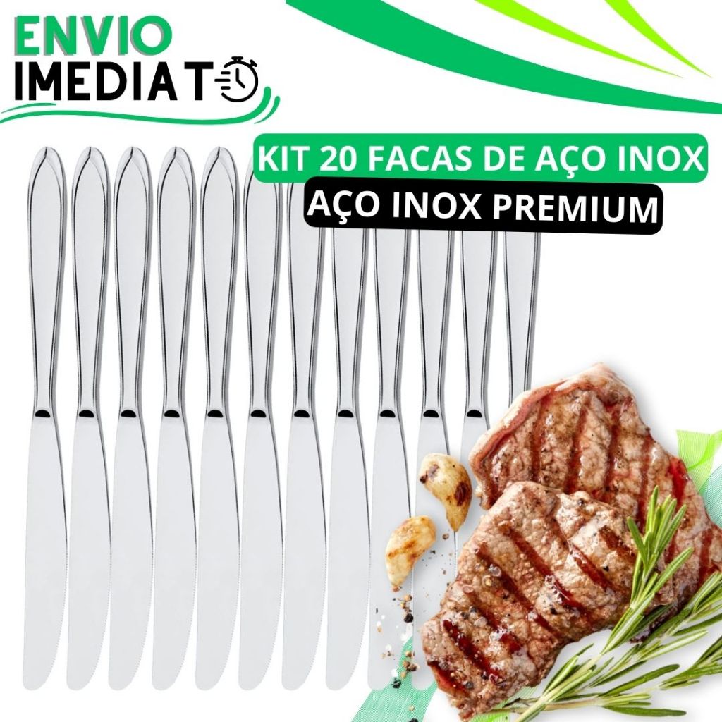 KIT 20 Faca de Mesa Aço Inox Polido Brilhante PREMIUM para Casa Cozinha Restaurante Bar Buffet Super Resistente Serra
