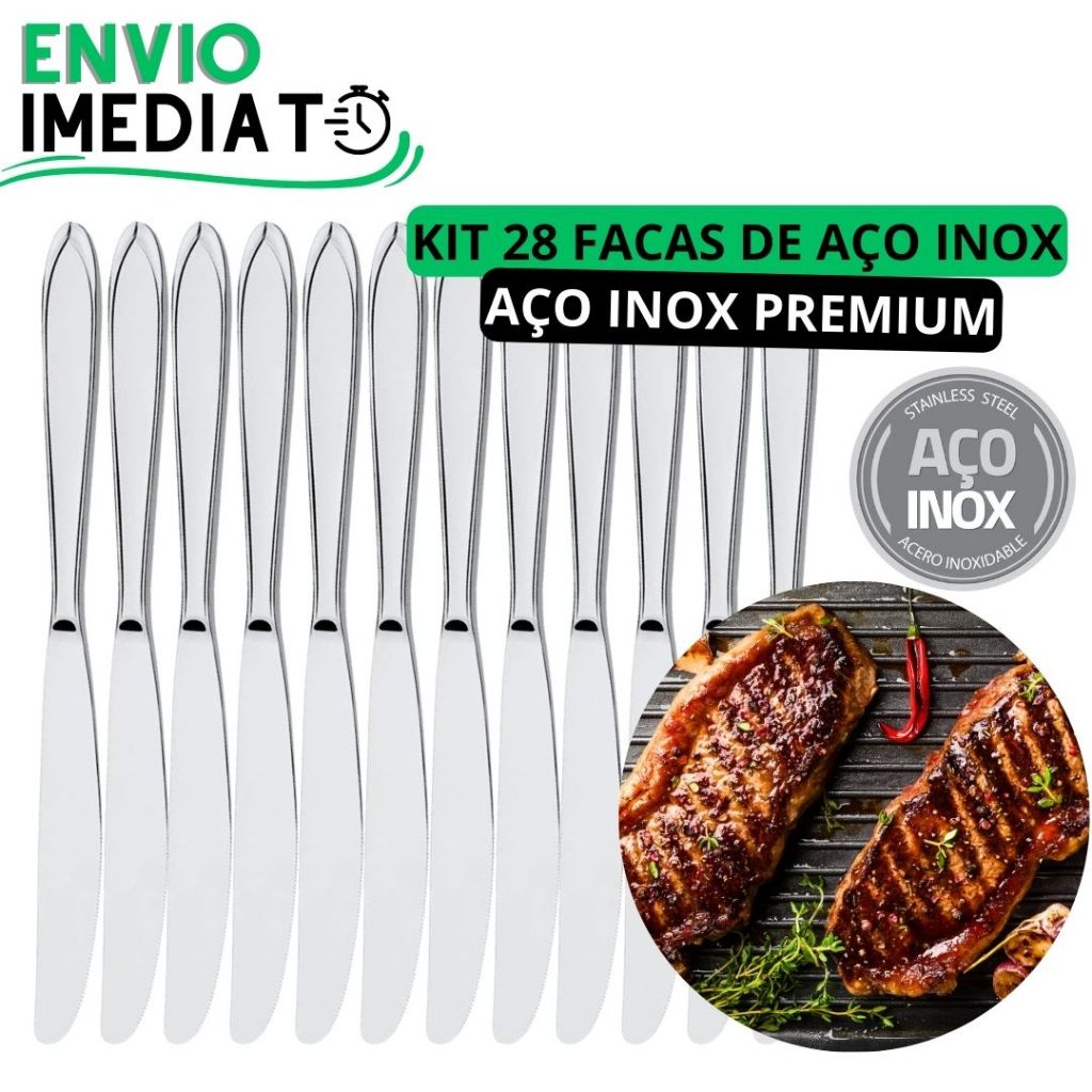 KIT 28 Faca de Mesa 100% Aço Inox Polido PREMIUM para Casa Cozinha Restaurante Bar Buffet Super Resistente Serra