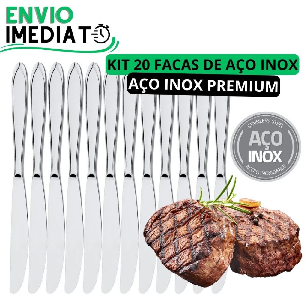 KIT 20 Faca de Mesa 100% Aço Inox Polido PREMIUM para Casa Cozinha Restaurante Bar Buffet Super Resistente Serra
