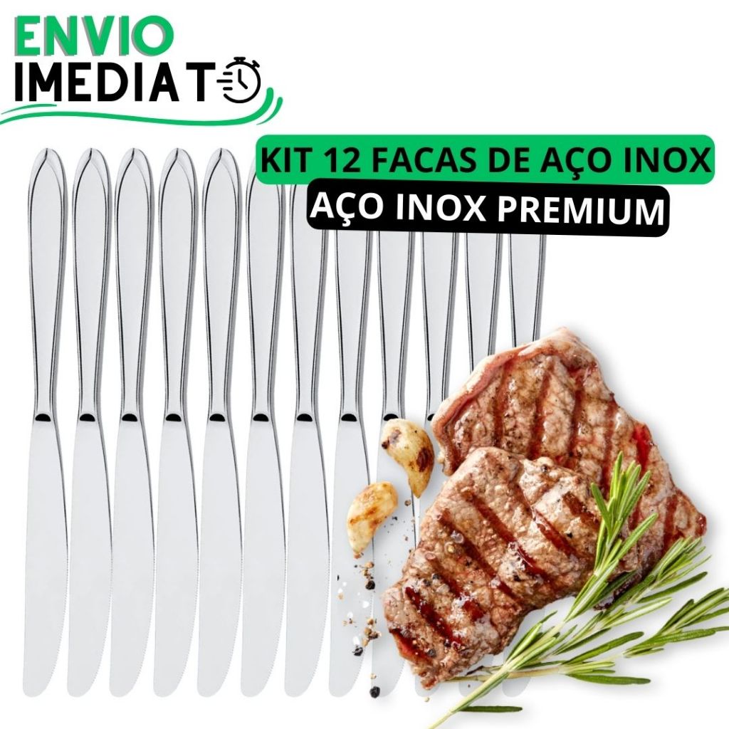 KIT 12 Faca de Mesa 100% Aço Inox Polido PREMIUM para Casa Cozinha Restaurante Bar Buffet Super Resistente Serra