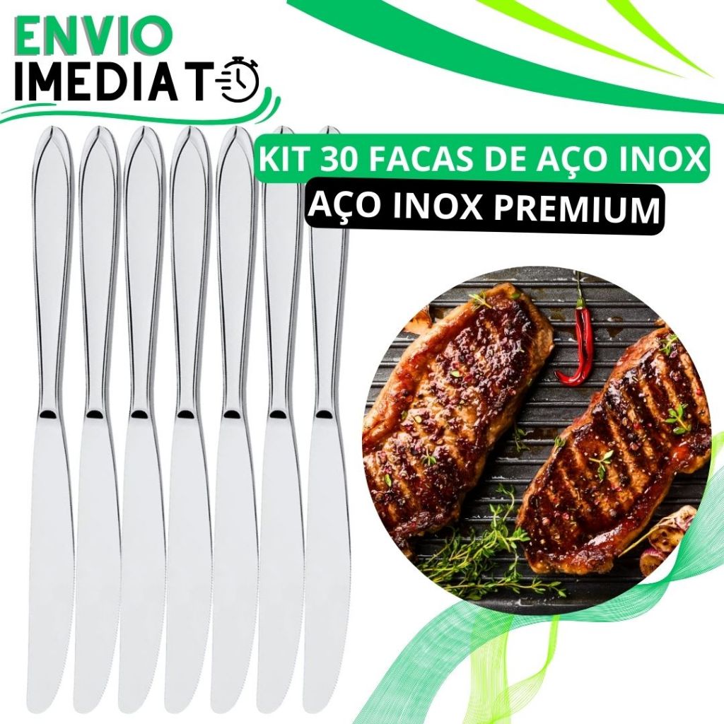 KIT 30 Faca de Mesa Aço Inox Polido Brilhante PREMIUM para Casa Cozinha Restaurante Bar Buffet Super Resistente Serra